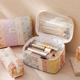 HBselect Quilted Makeup Bag Set small bag open with cosmetics inside