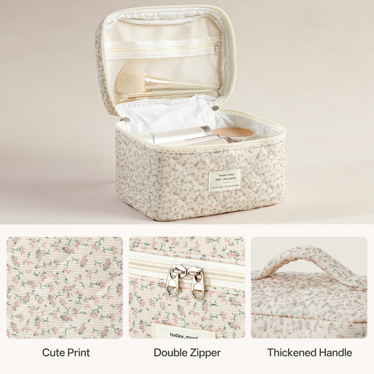 HBselect Quilted Makeup Bag Set small size floral pattern open view