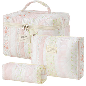 HBselect Quilted Makeup Bag Set three sizes floral design