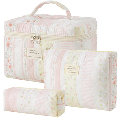 HBselect Quilted Makeup Bag Set three sizes floral design