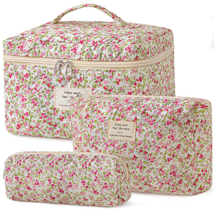 HBselect Quilted Makeup Bag Set three sizes floral pattern