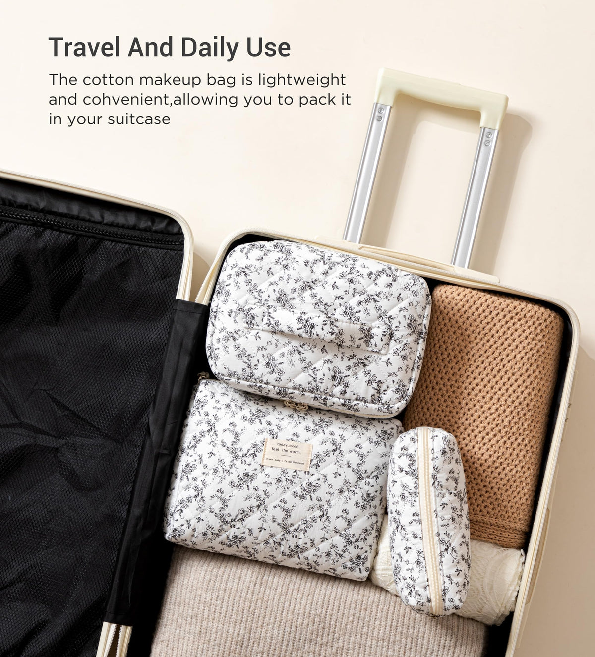 HBselect Quilted Makeup Bag Set with makeup products inside