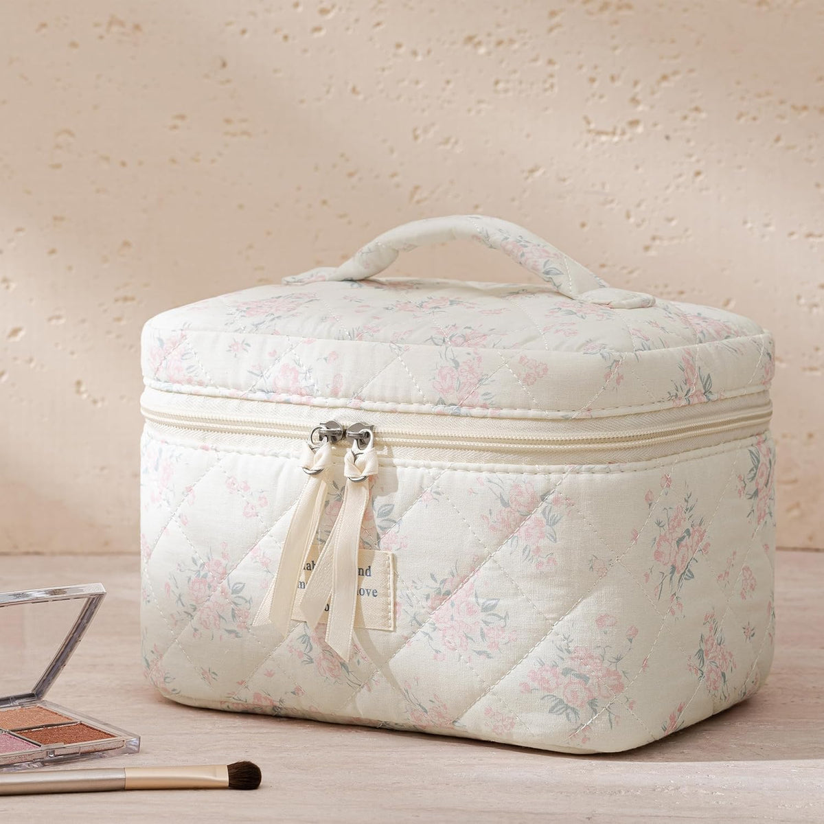 HBselect Quilted Makeup Bag Set with various cosmetics inside