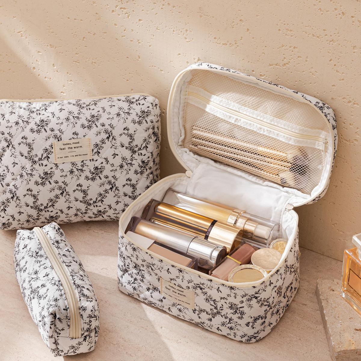HBselect Quilted Makeup Bag small size floral design top view