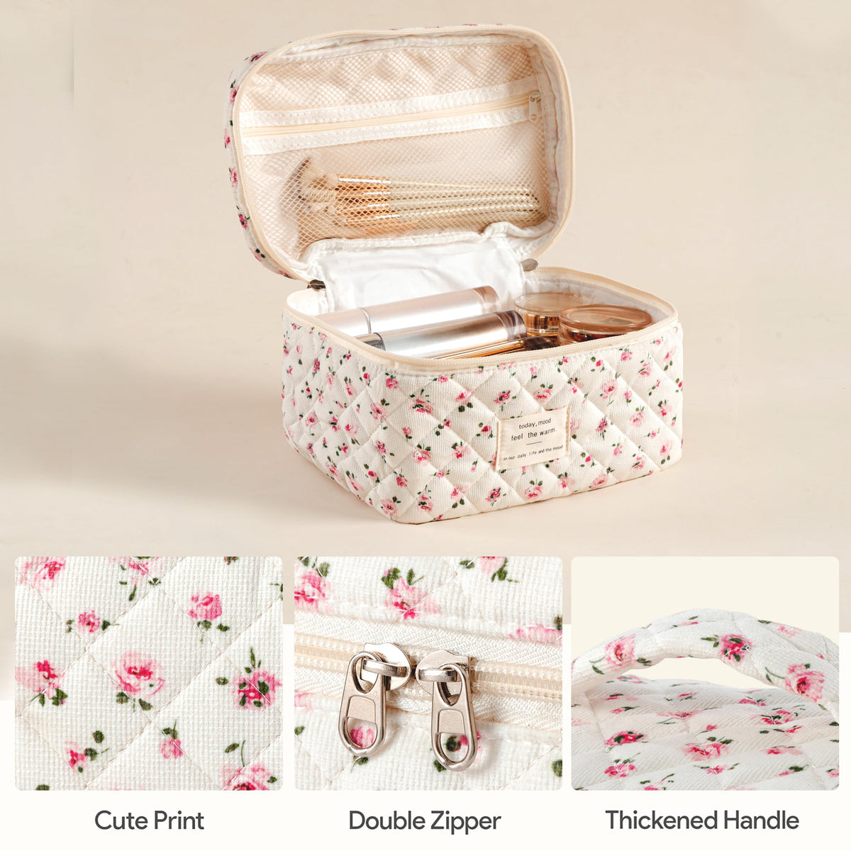 HBselect Quilted Makeup Bag small size top view with zipper
