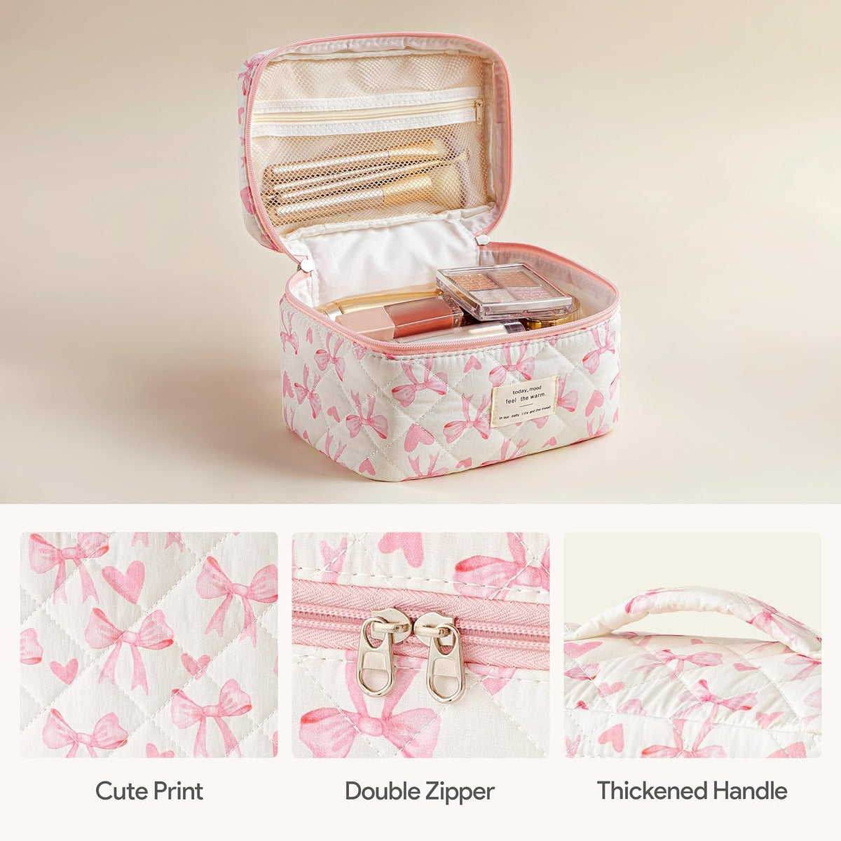 HBselect Quilted Makeup Bag small size with cosmetic items inside