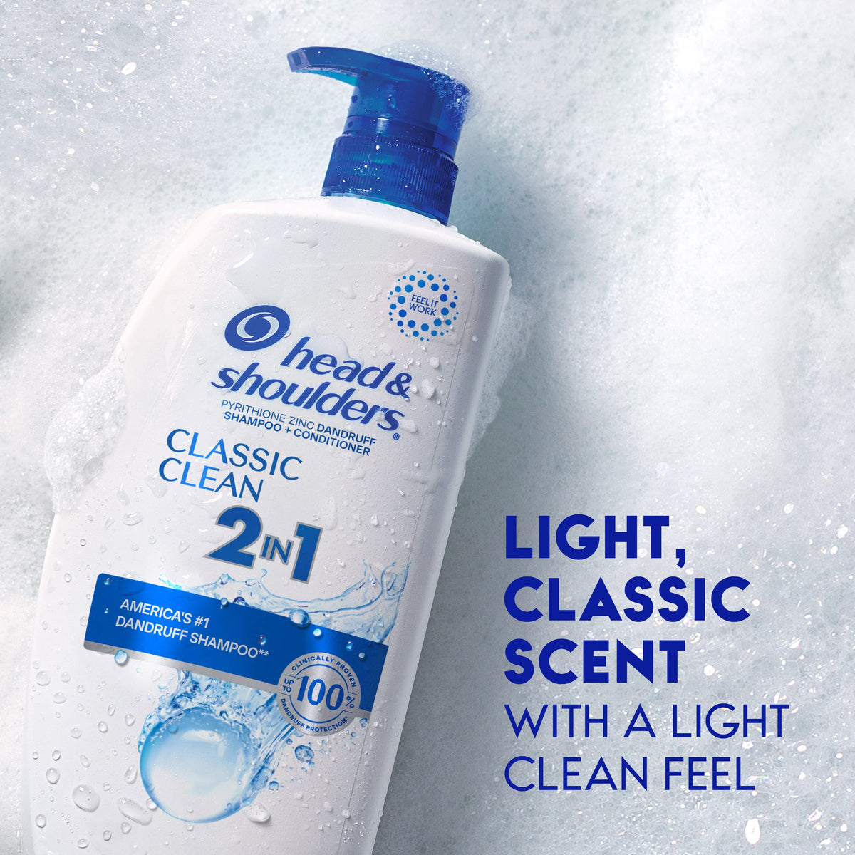Head & Shoulders Classic Clean 2-in-1 bottle with product texture