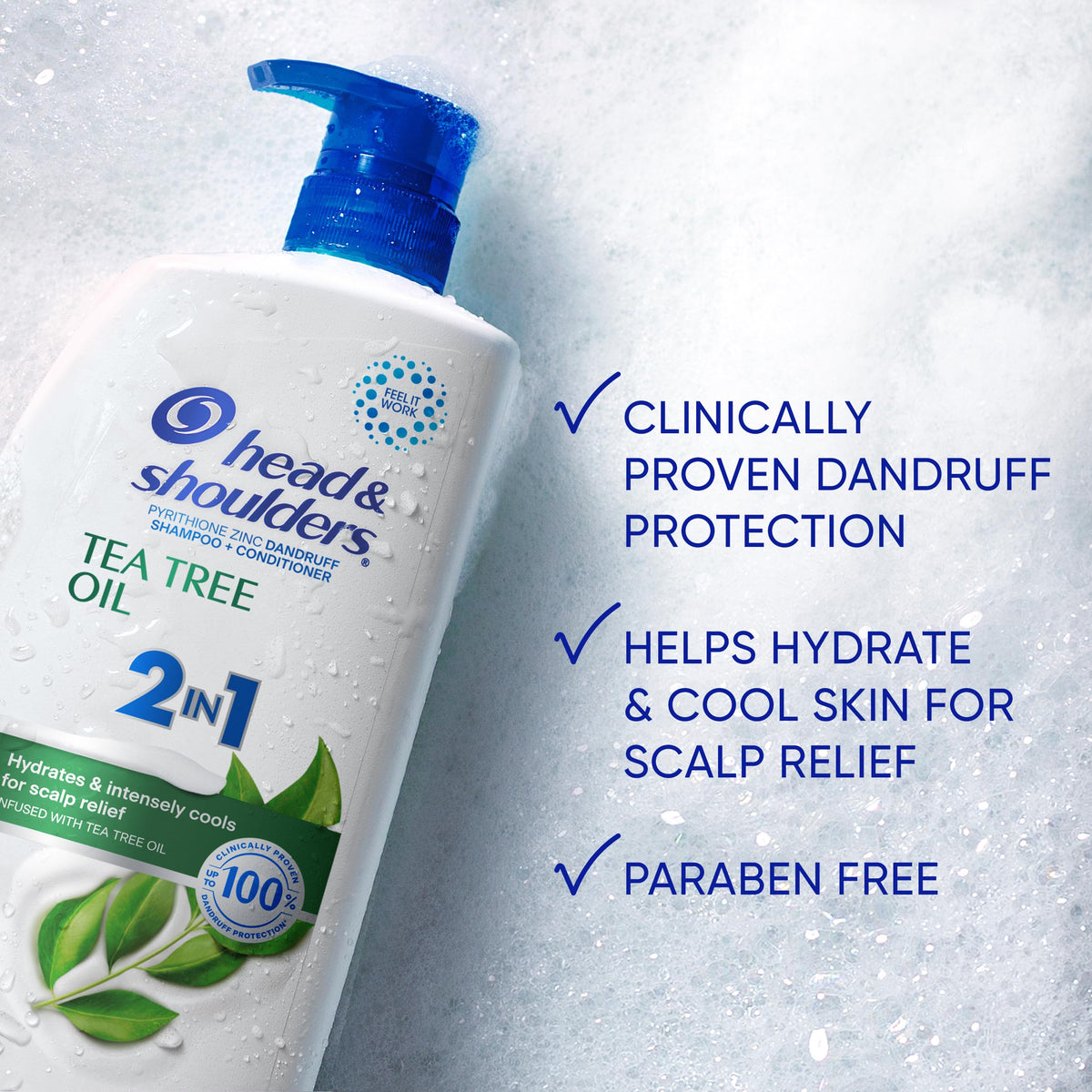 Head & Shoulders Tea Tree Oil 2-in-1 shampoo bottle side view with label
