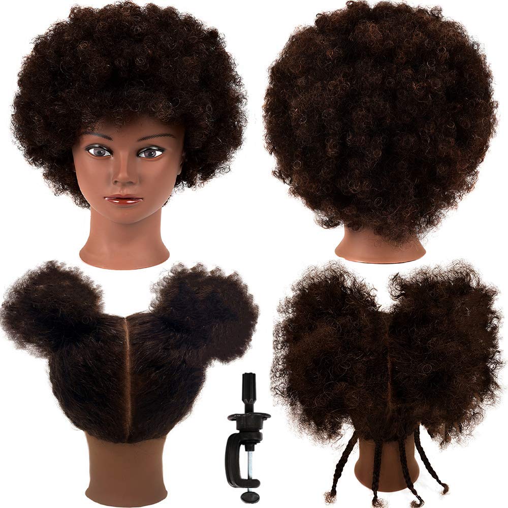 headdoll Afro Curly Mannequin Head front view with 9 inches of dark brown hair