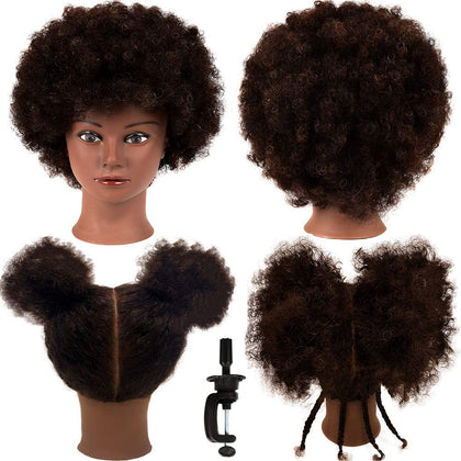 headdoll Afro Curly Mannequin Head front view with 9 inches of dark brown hair