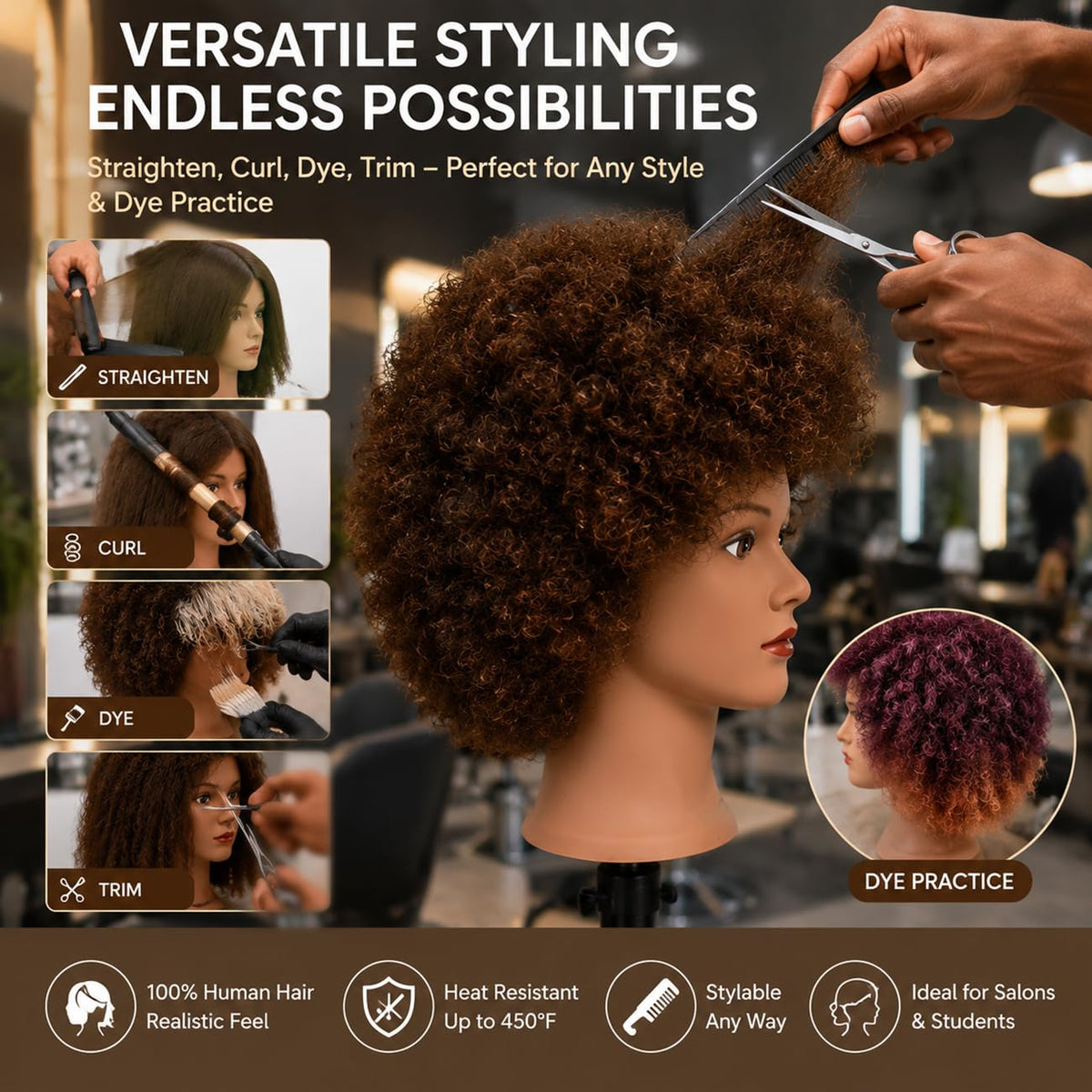 headdoll Afro Curly Mannequin Head in a salon setting