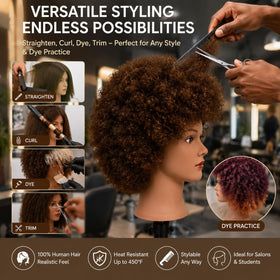 headdoll Afro Curly Mannequin Head in a salon setting