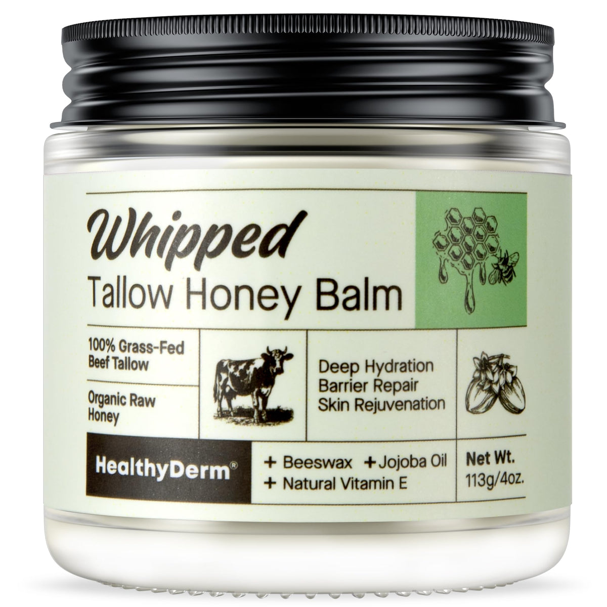 HealthyDerm Beef Tallow Honey Balm 4oz front view with whipped texture