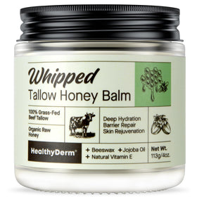 HealthyDerm Beef Tallow Honey Balm 4oz front view with whipped texture