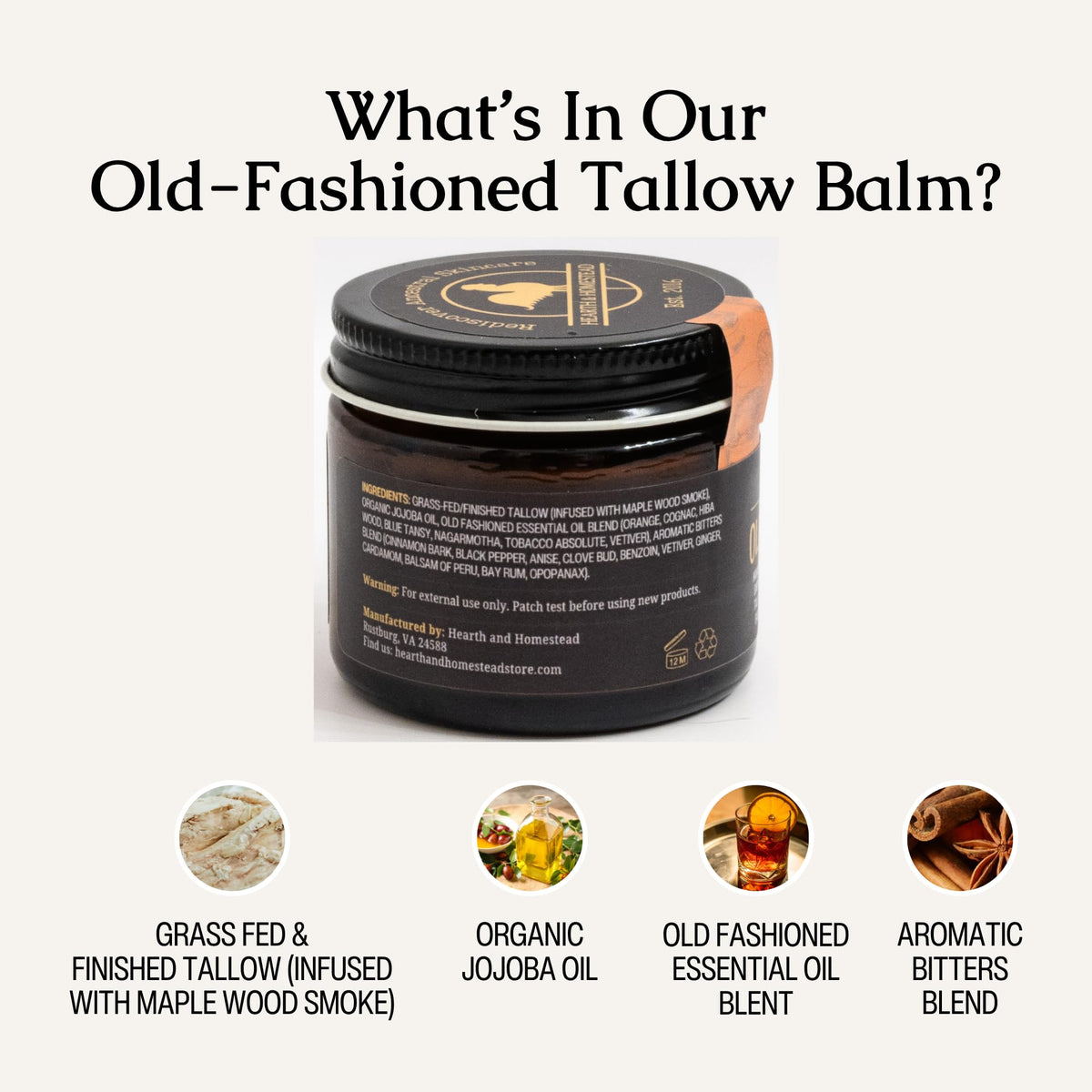 Hearth and Homestead The Old Fashioned Smoked Tallow Balm ingredients list on packaging