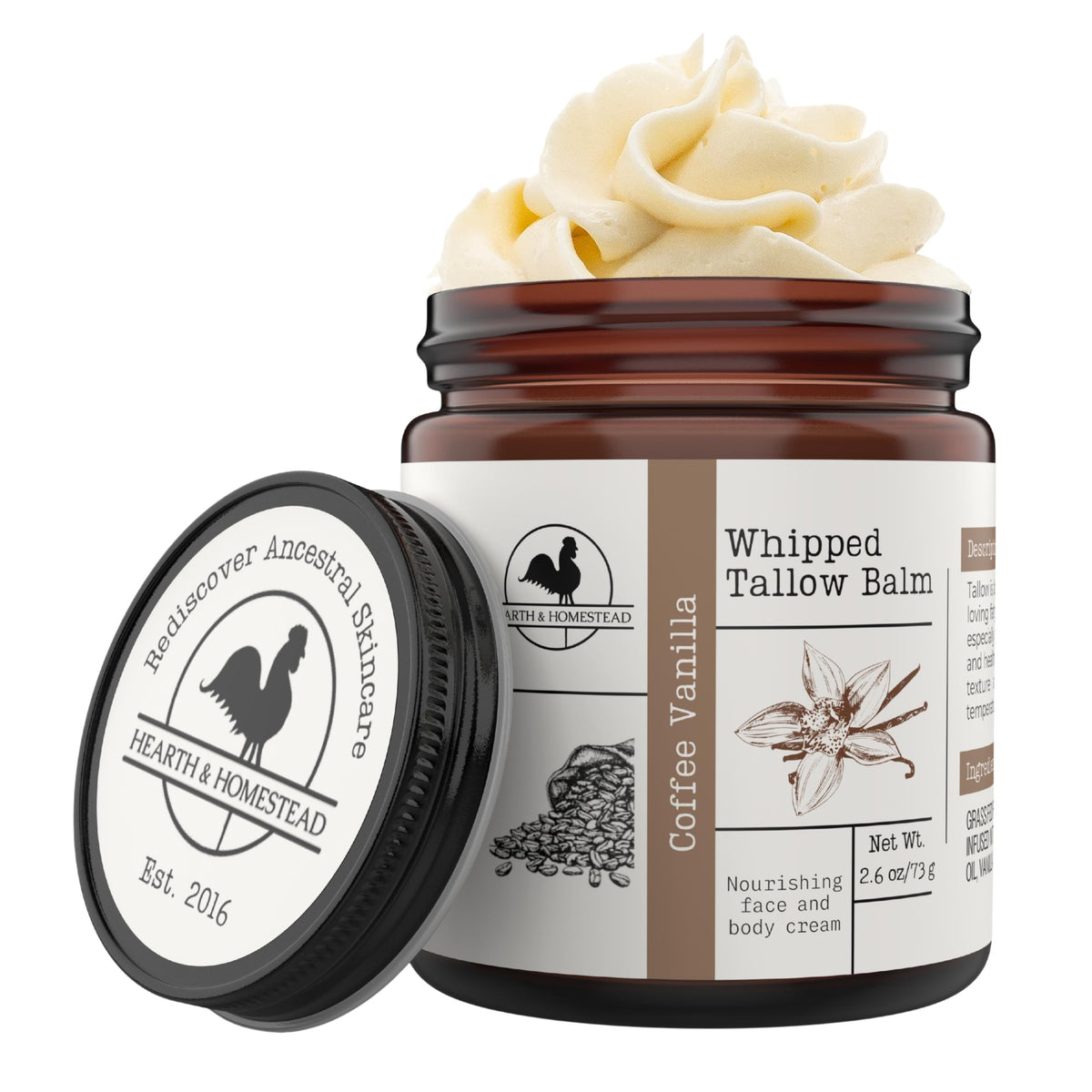 Hearth and Homestead whipped beef tallow balm front view in Coffee Vanilla scent