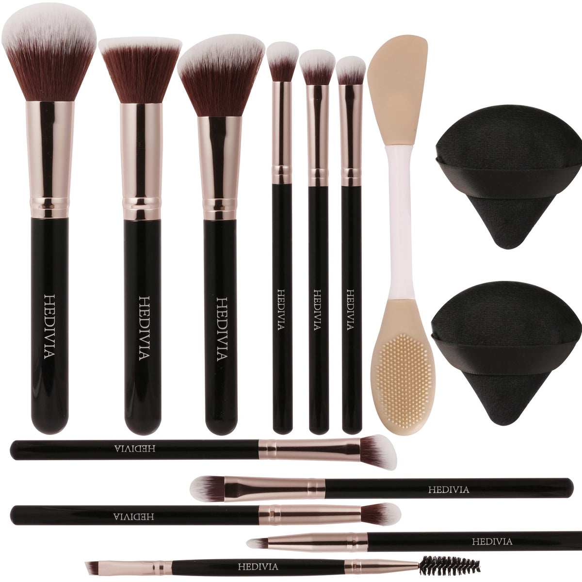 HEDIVIA 14-Piece Makeup Brush Set front view with brushes and case