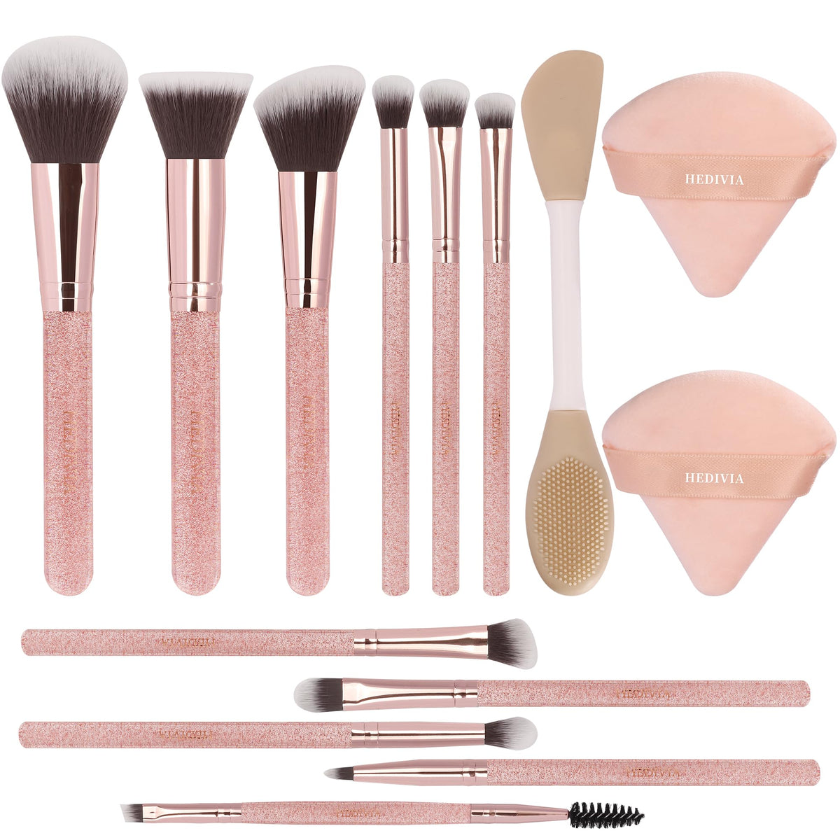HEDIVIA 14-piece pink makeup brushes set front view