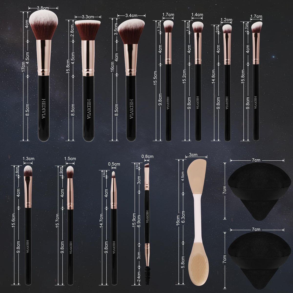 HEDIVIA makeup brushes arranged on a vanity