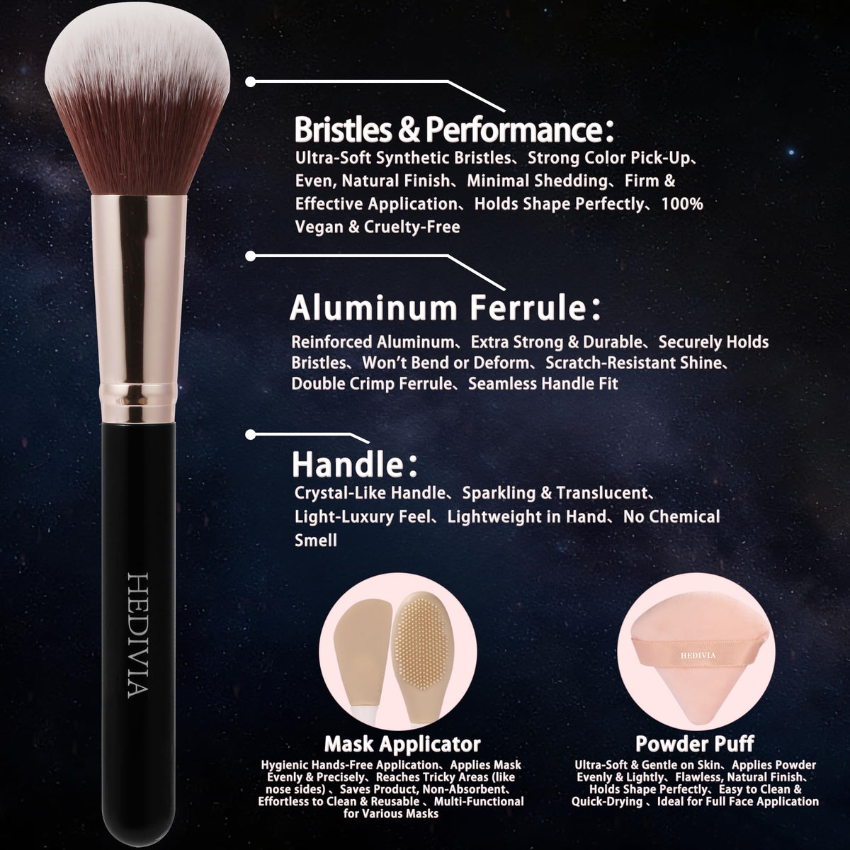 HEDIVIA makeup brushes showing synthetic bristles and ergonomic handles