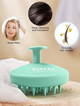HEETA Silicone Scalp Massager displayed on a bathroom counter