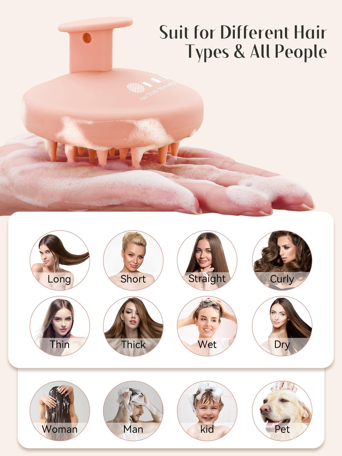 HEETA Silicone Scalp Massager Shampoo Brush with shampoo bottle