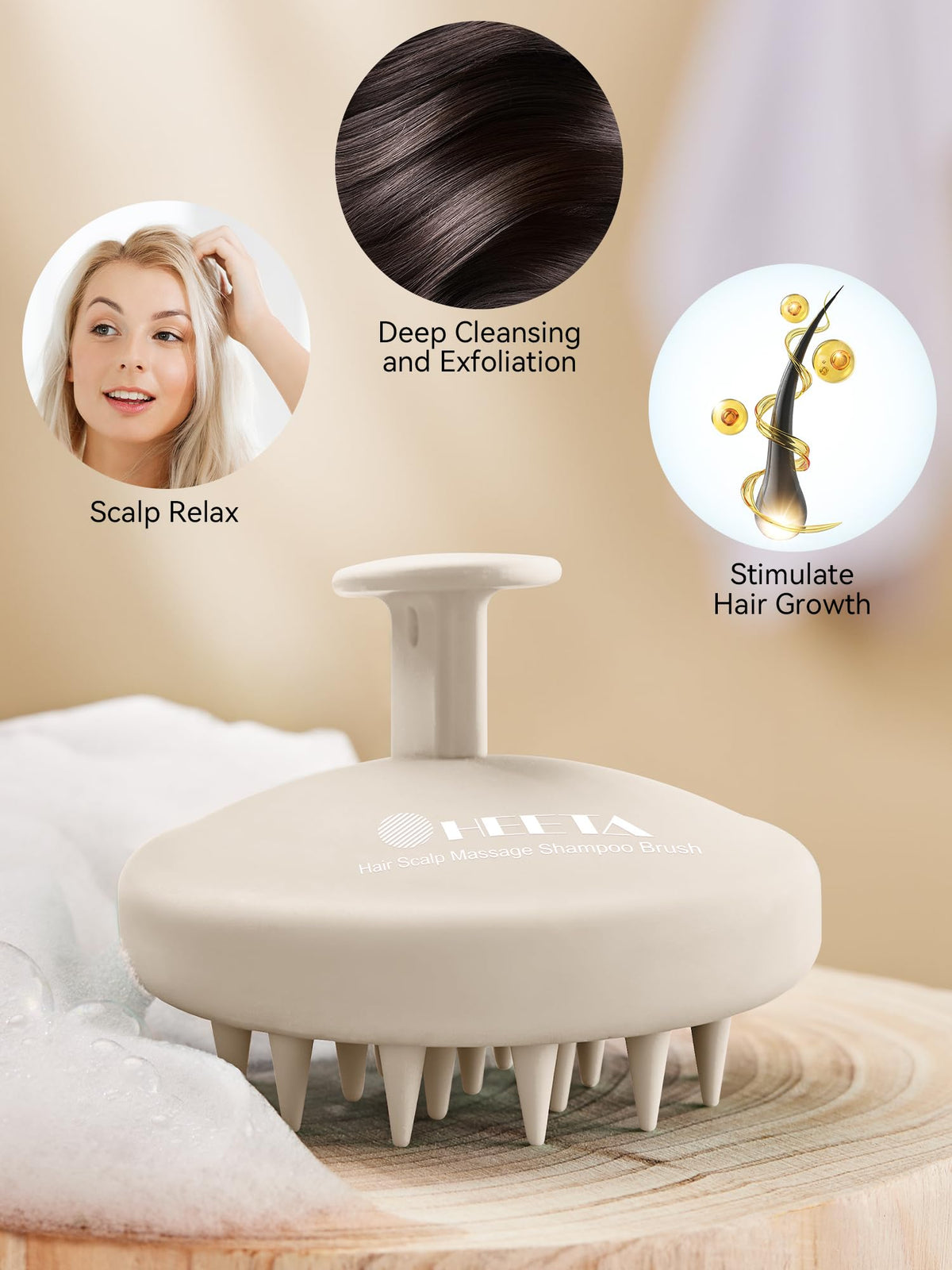 HEETA Silicone Scalp Massager with shampoo bottle for context