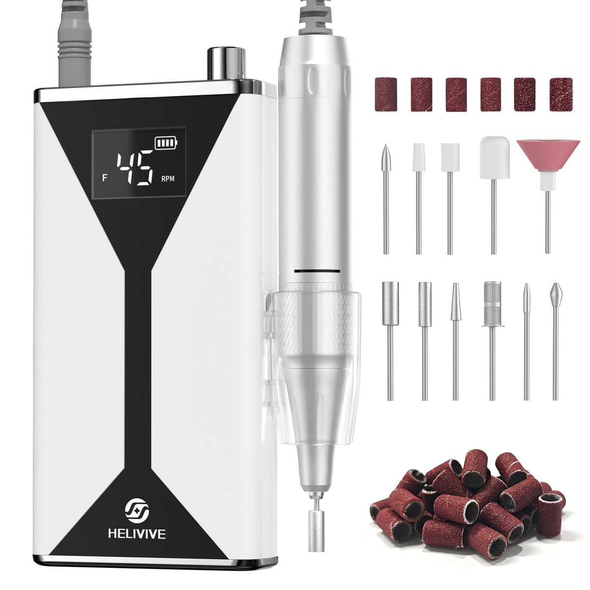 HELIVIVE Electric Nail Drill front view with ergonomic design