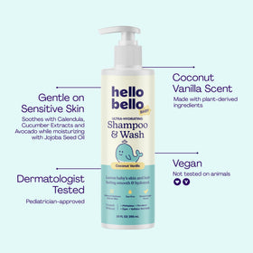 Hello Bello Baby Shampoo & Body Wash bottle with coconut vanilla scent