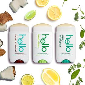 hello Deodorant Variety Pack displayed on a bathroom counter
