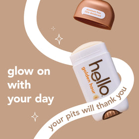 hello Golden Hour Deodorant stick showing the shea butter formula
