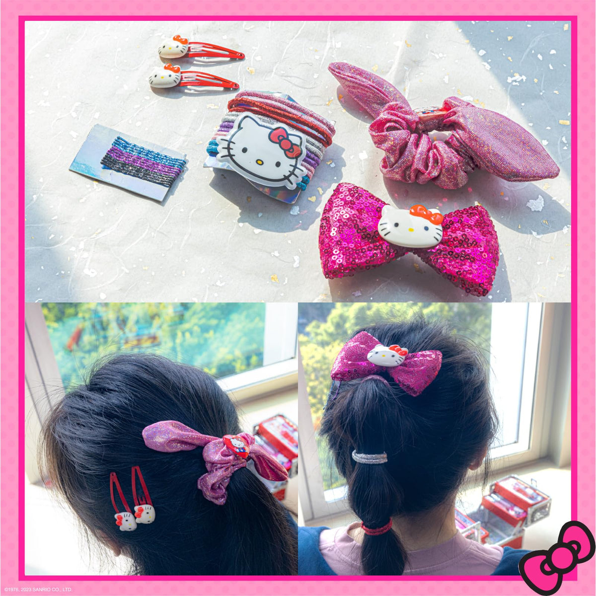 Hello Kitty Makeup Train Case with accessories including scrunchies and hair bow