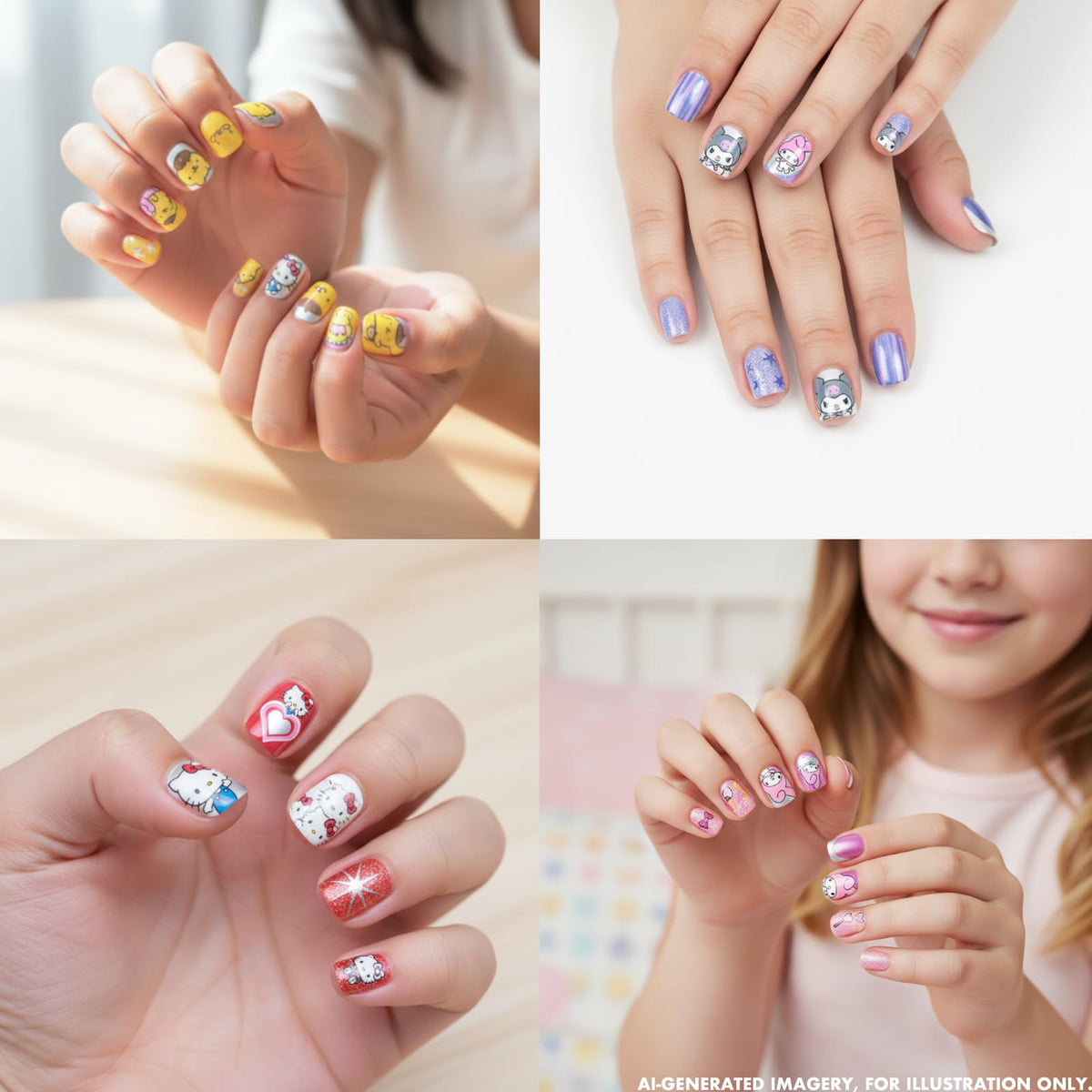Hello Kitty press-on nails displayed in colorful arrangement