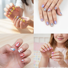 Hello Kitty press-on nails displayed in colorful arrangement