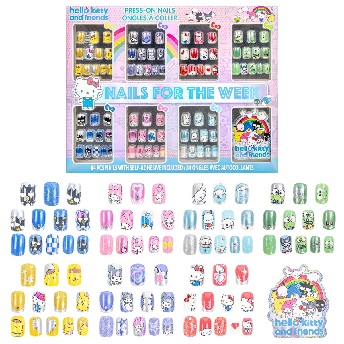 Hello Kitty Press-On Nails Set front view with vibrant designs