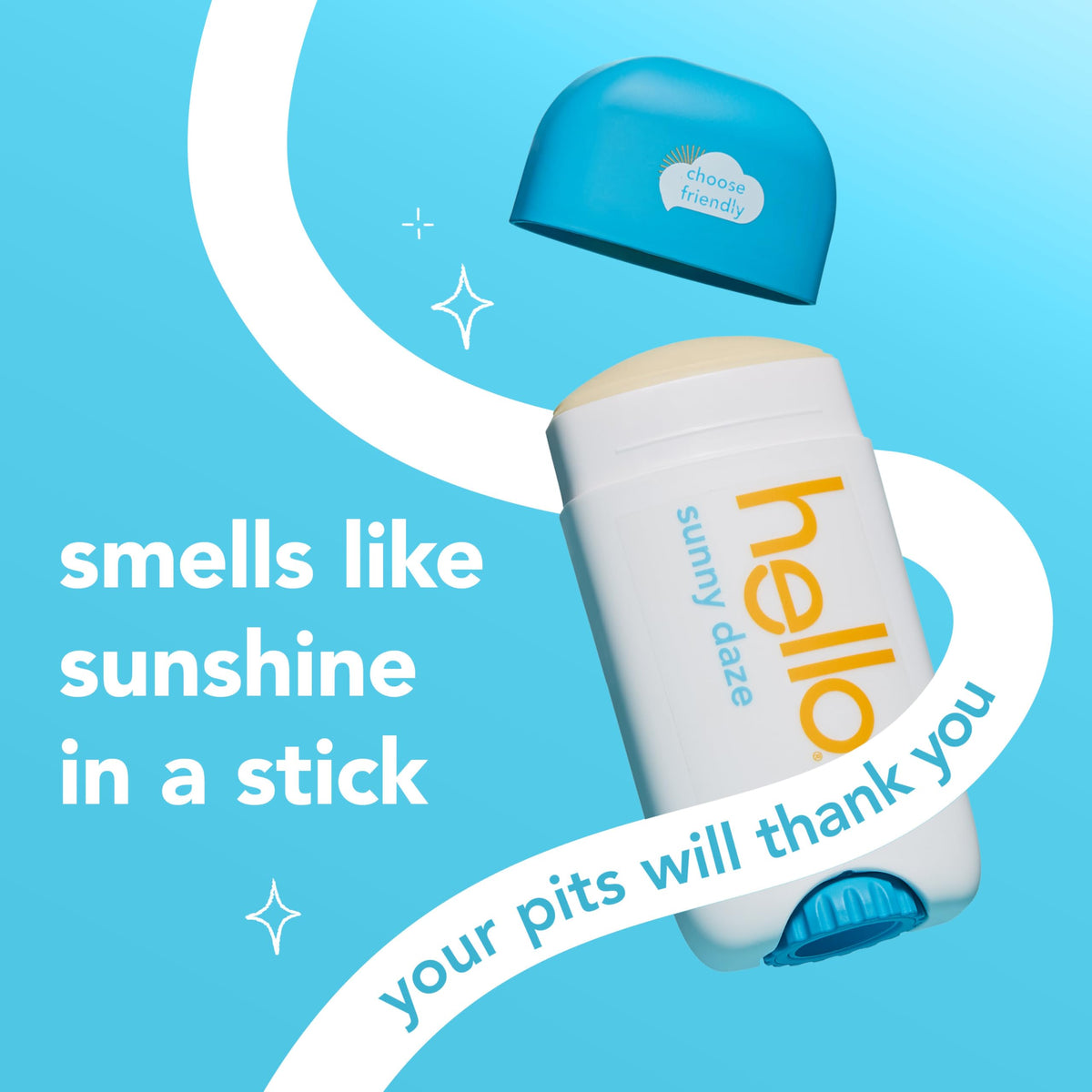 hello Sunny Daze Deodorant stick showing vibrant packaging