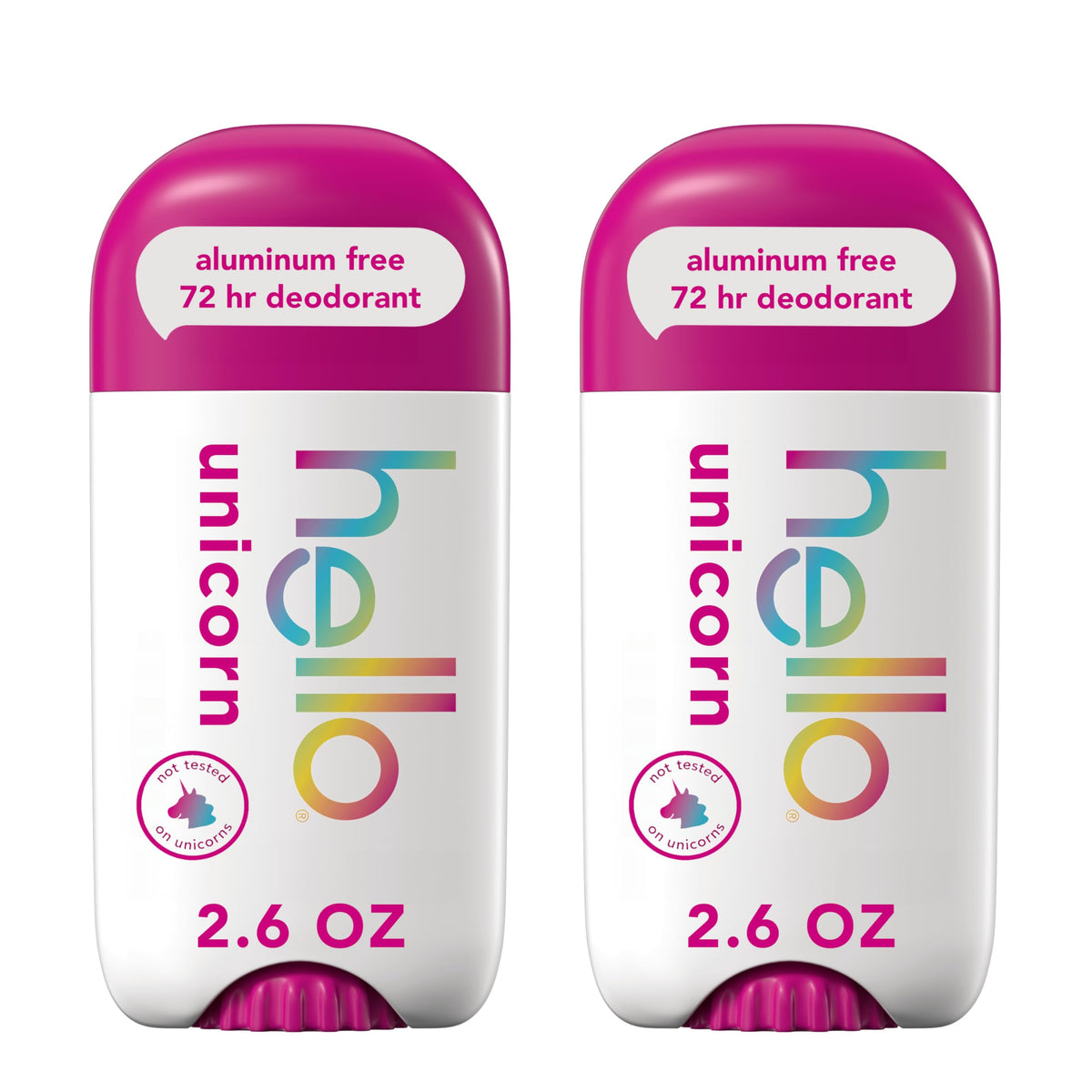 hello Unicorn Aluminum Free Deodorant front view, two sticks