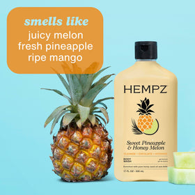 Hempz Body Wash Sweet Pineapple & Honey Melon on a bathroom shelf