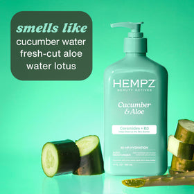 Hempz Cucumber & Aloe Body Lotion 17 Fl Oz on a bathroom counter