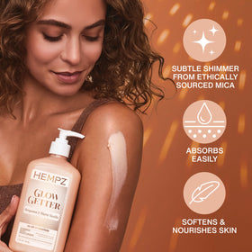 Hempz Glow Getter lotion bottle with shimmer in a lifestyle setting