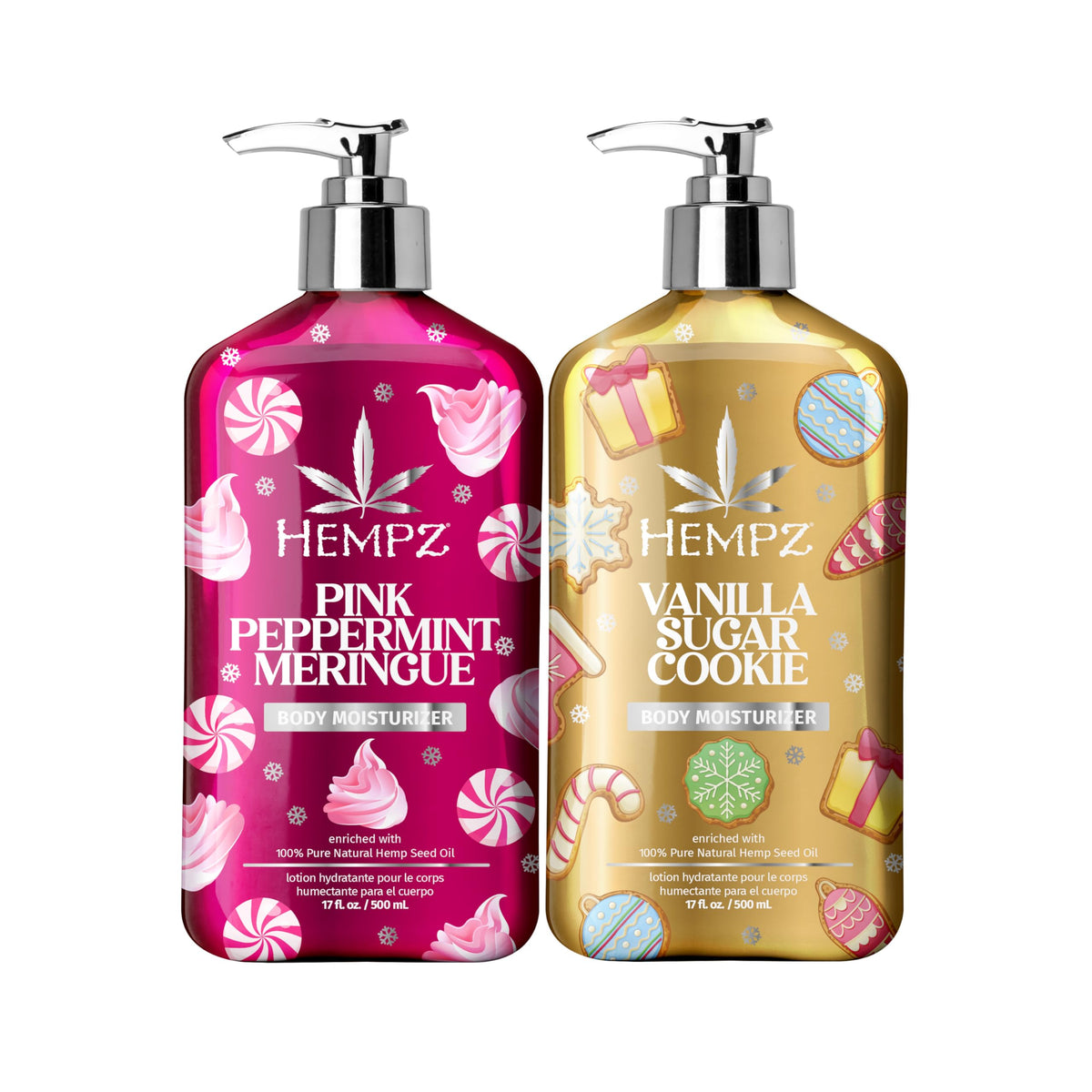 Hempz Holiday Body Lotion Duo featuring Vanilla Frosted Sugar Cookie and Pink Peppermint Meringue front view