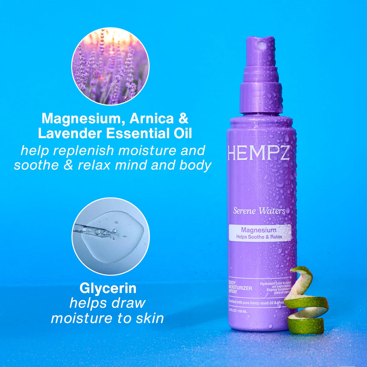 Hempz Magnesium Body Spray Serene Waters 3.4 fl. oz. application on skin