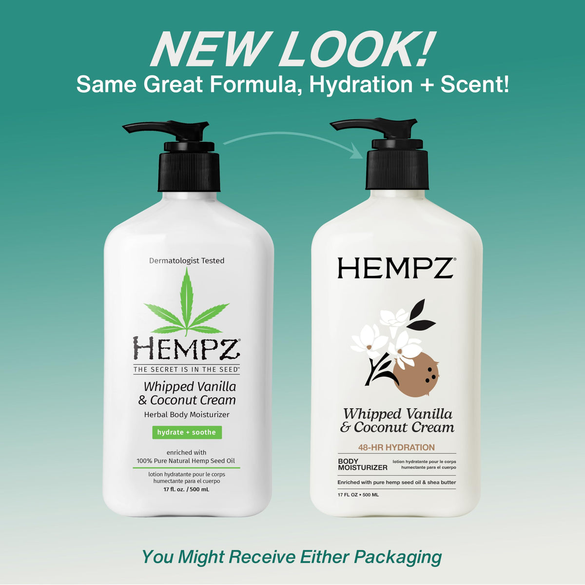 Hempz Whipped Vanilla Coconut Cream Body Lotion back view with ingredient list