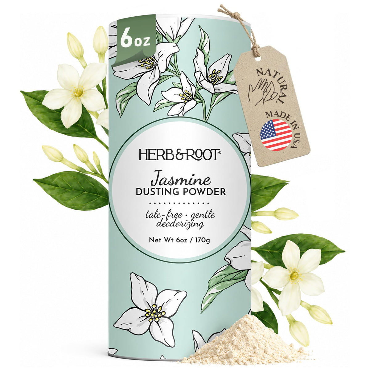 Herb & Root Jasmine Talc Free Body Dusting Powder front view