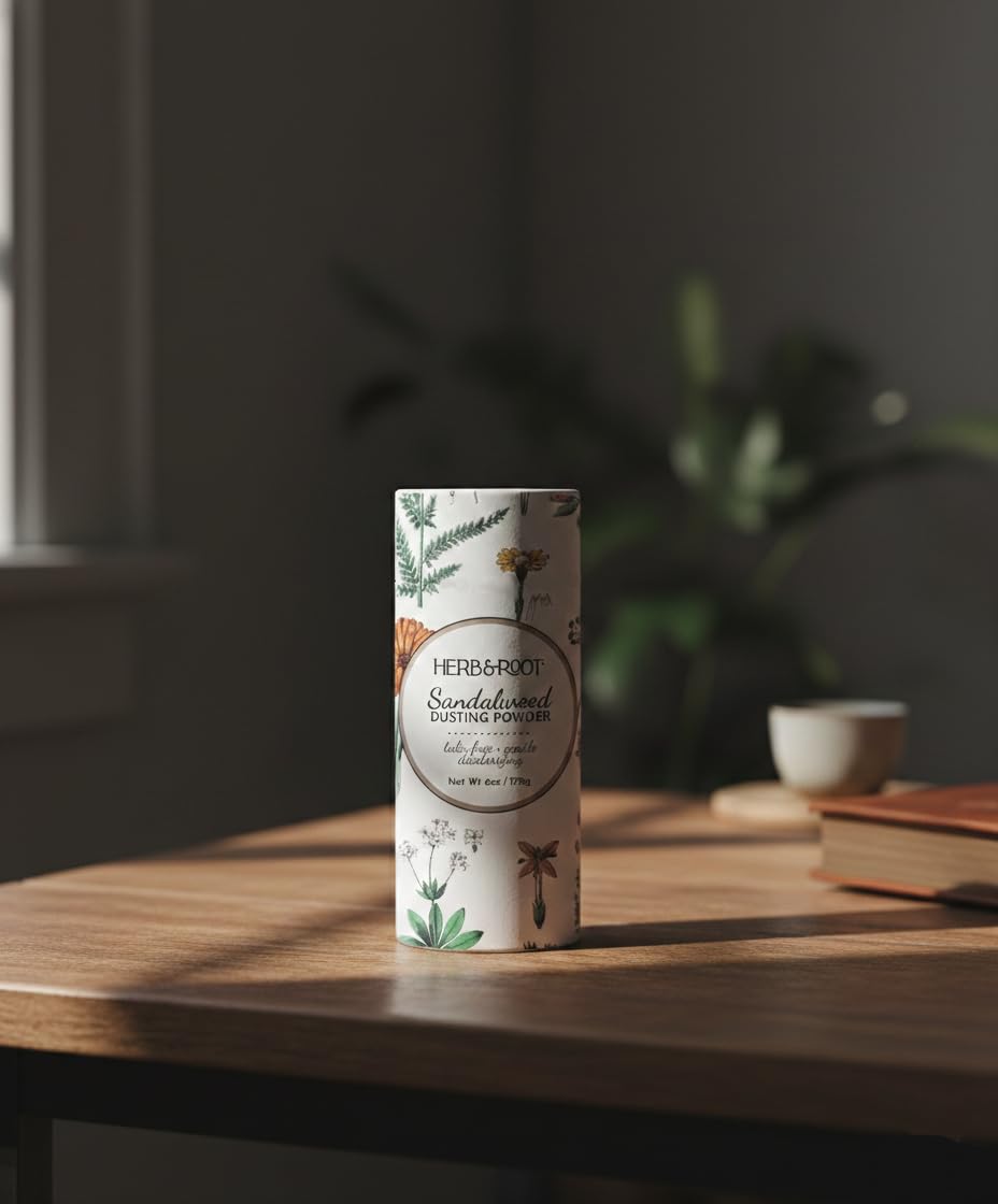 Herb & Root Sandalwood Dusting Powder on a vanity