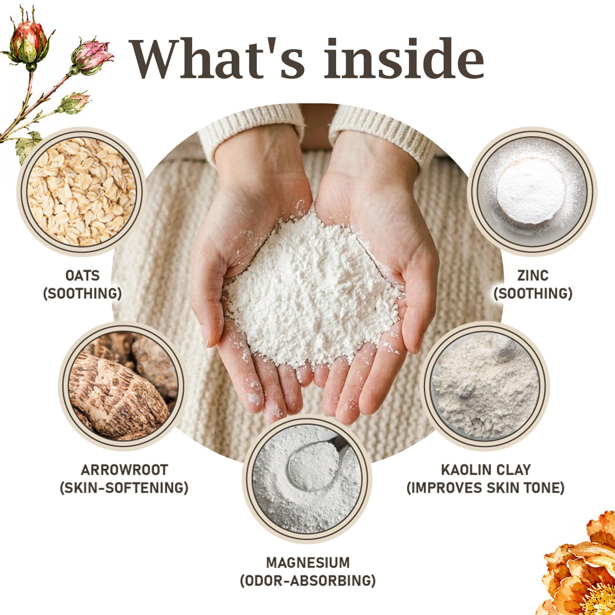 Herb & Root Talc-Free Body Dusting Powder in Rose, lifestyle scene
