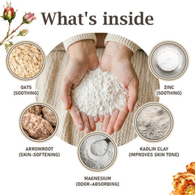 Herb & Root Talc-Free Body Dusting Powder in Rose, lifestyle scene