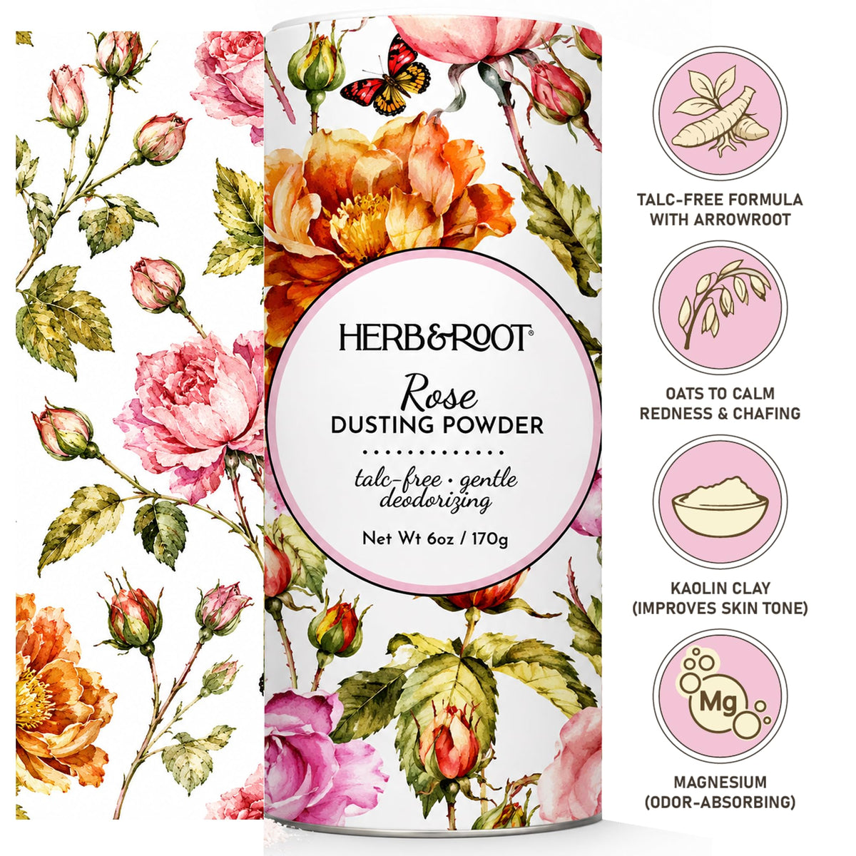 Herb & Root Talc-Free Body Dusting Powder in Rose, side view