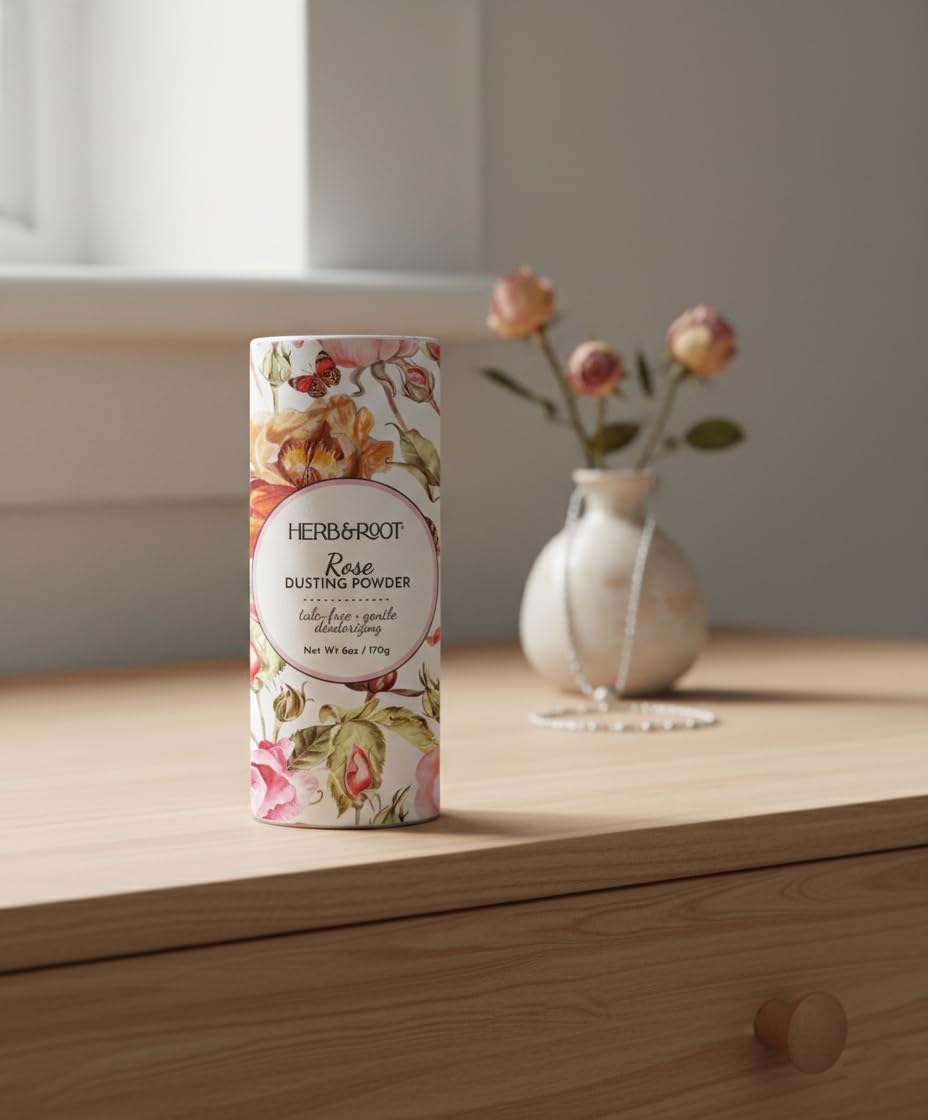 Herb & Root Talc-Free Body Dusting Powder in Rose, texture close-up