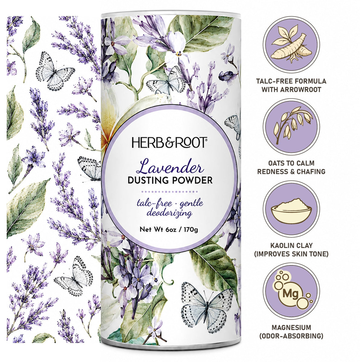 Herb & Root Talc Free Body Dusting Powder Lavender canister with lid